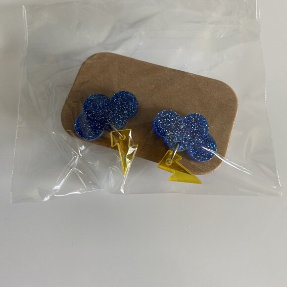 Blue Glitter Cloud Lightning Bolt Earrings - NEW!! - Picture 8 of 8